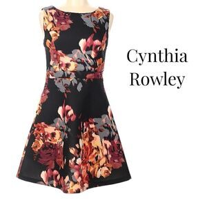 CYNTHIA ROWLEY Black Floral Scuba Knit Muted Rose Sheath Dress Sz 6 EUC